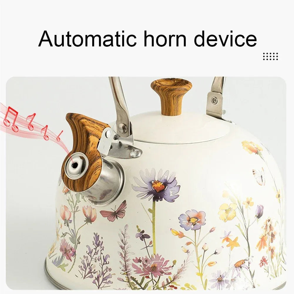 Flower Pattern Whistling Kettle, Vintage Stove Top Tea Pot With Anti Hot Handle for Gas Hob and Induction Stoves, 3 L