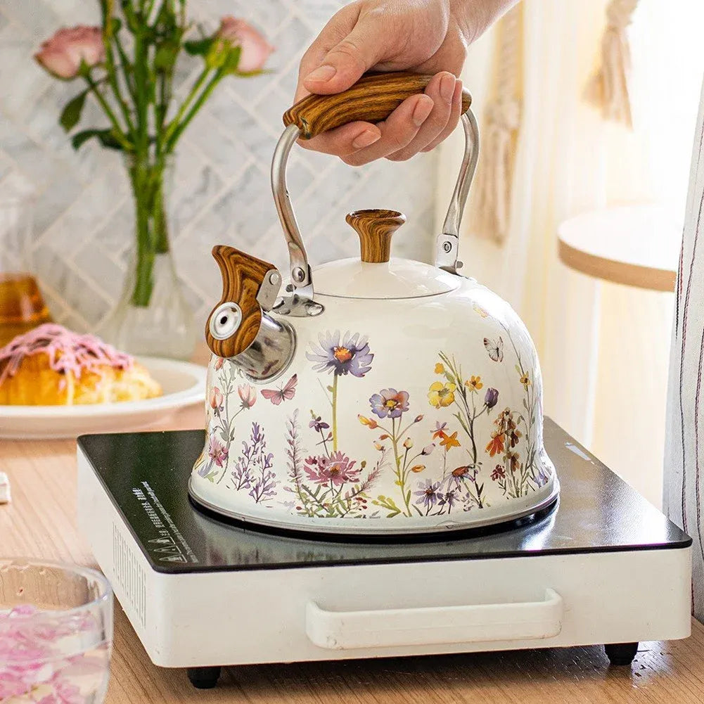 Flower Pattern Whistling Kettle, Vintage Stove Top Tea Pot With Anti Hot Handle for Gas Hob and Induction Stoves, 3 L