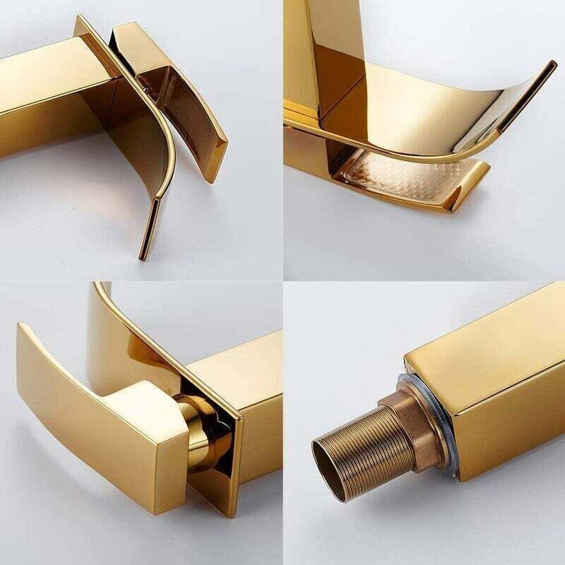 Waterfall Basin Tap, Flat Spout Sink Mixer Tap, Hot and Cold Water Available Bathroom Tap, Modern Chrome Style, Top, Gold, 750G