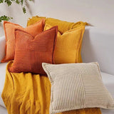 2 Pcs Sofa Cushion Cover Pillowcase in Beige Corduroy with Cross Pattern Decoration Bedroom Living Room, 45 x 45 cm