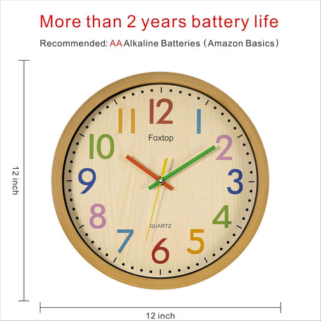 Silent Kids Wall Clock Non-Ticking Battery Operated Colorful Decorative Clock for Children Nursery Bedroom School Classroom Easy to Read, 12 Inch