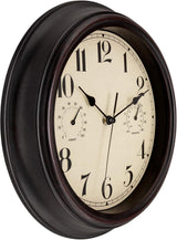Waterproof Outdoor Wall Clock with Thermometer and Hygrometer, Retro Silent Non-Ticking Battery Operated Quartz Clock for Patio Home Decor, 12 Inch, Bronze