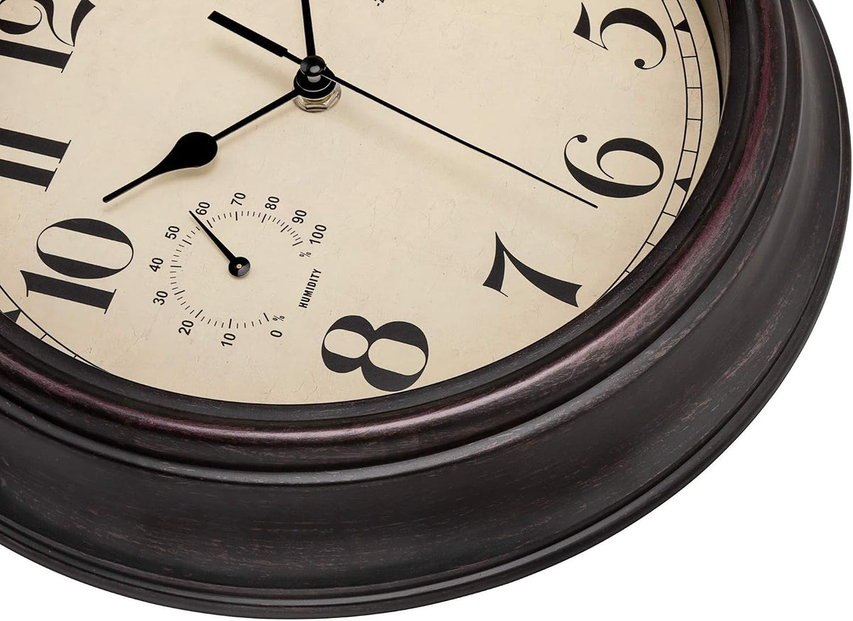 Waterproof Outdoor Wall Clock with Thermometer and Hygrometer, Retro Silent Non-Ticking Battery Operated Quartz Clock for Patio Home Decor, 12 Inch, Bronze