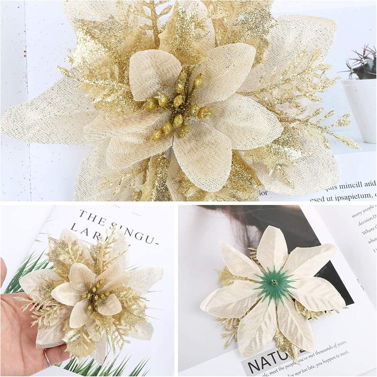 12pcs Christmas Glitter Poinsettia Flowers, Gold Artificial Xmas Flowers for Christmas Tree Ornaments Home Decoration