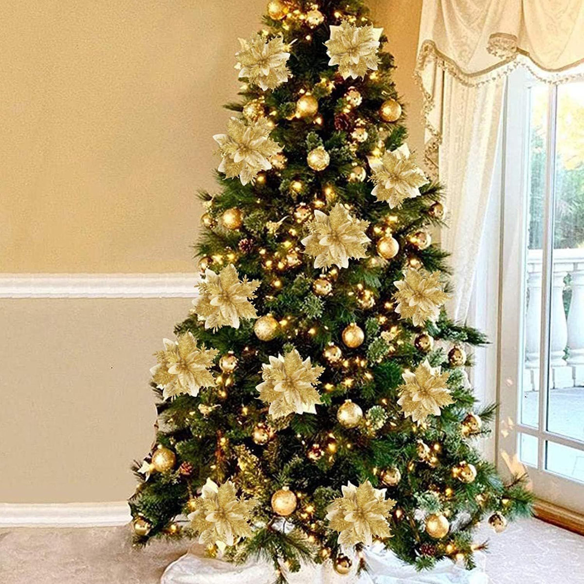 12pcs Christmas Glitter Poinsettia Flowers, Gold Artificial Xmas Flowers for Christmas Tree Ornaments Home Decoration