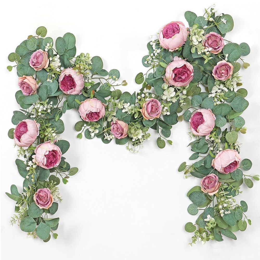 2 Pack Artificial Flower Garlands, 1.8M Pink Purple Peony & Baby's Breath Floral Vine with Eucalyptus Leaves, Hanging Fake Greenery for Wedding Arch, Home Doorway Decor