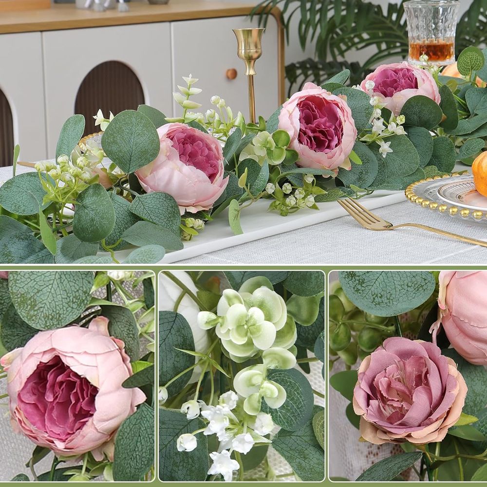 2 Pack Artificial Flower Garlands, 1.8M Pink Purple Peony & Baby's Breath Floral Vine with Eucalyptus Leaves, Hanging Fake Greenery for Wedding Arch, Home Doorway Decor