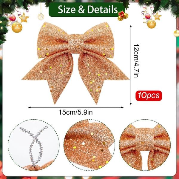 10 Pack Glitter Christmas Bows, Small Pearl Cotton Decorative Bows, Sparkly Bow Ornaments for Christmas Tree, Wreath, Gift Wrapping, Gold
