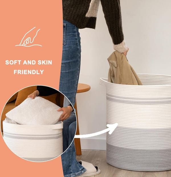 Woven Storage Basket with Handles, Gradient Grey Cotton Rope Laundry Basket, Decorative Organizer Bin for Toys, Pillows, Blankets & Clothes, 45 x 50cm