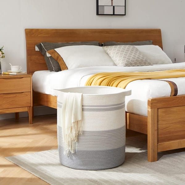 Woven Storage Basket with Handles, Gradient Grey Cotton Rope Laundry Basket, Decorative Organizer Bin for Toys, Pillows, Blankets & Clothes, 45 x 50cm