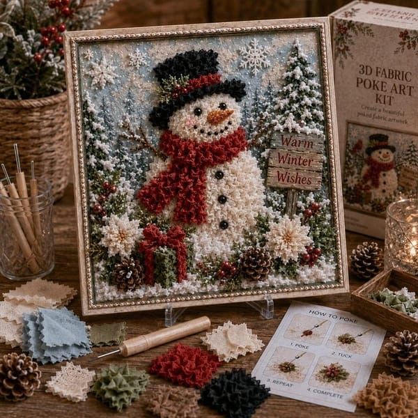 Christmas Snowman 3D Fabric Poke Art Kit, 20 x 20cm No Sew DIY Handcraft Set, Pre-Cut Fabric & Punch Tools Included, Xmas Decor & Gift Making Activity