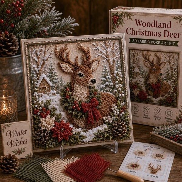 Christmas Reindeer 3D Fabric Poke Art Kit, 20 x 20cm No Sew DIY Handcraft Set, Pre-Cut Fabric & Punch Tools Included, Xmas Decor & Gift Making Activity