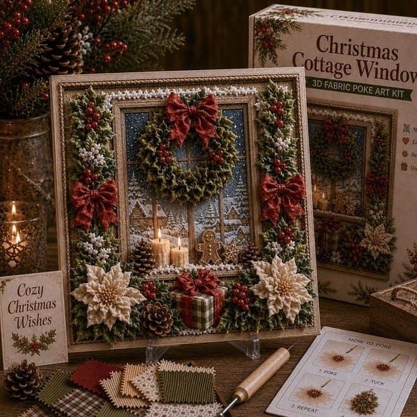 Christmas Wreath 3D Fabric Poke Art Kit, 20 x 20cm No Sew DIY Handcraft Set, Pre-Cut Fabric & Punch Tools Included, Xmas Decor & Gift Making Activity
