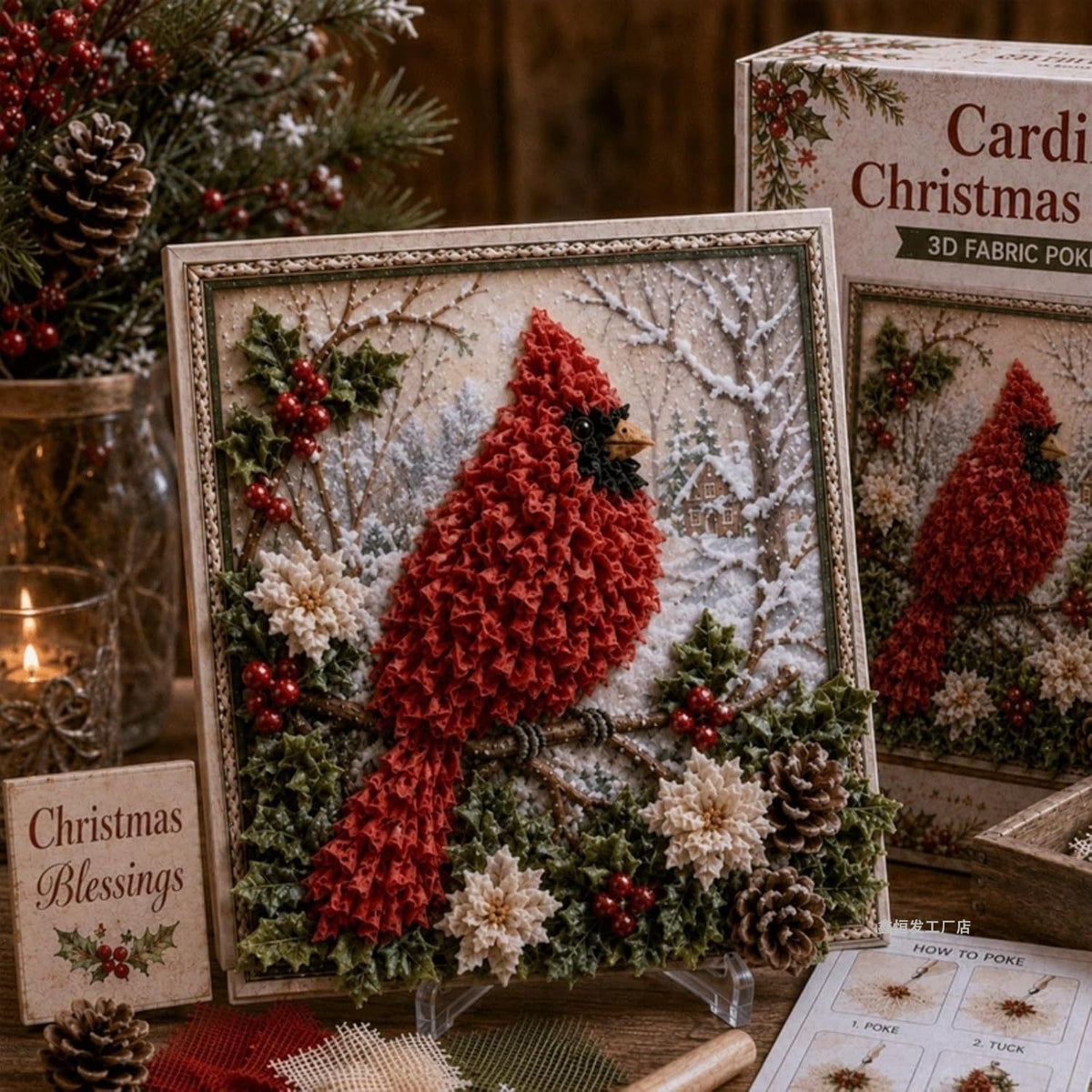 Cardinal 3D Fabric Poke Art Kit, 20 x 20cm No Sew DIY Handcraft Set, Pre-Cut Fabric & Punch Tools Included, Xmas Decor & Gift Making Activity