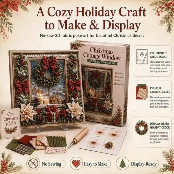 Cardinal 3D Fabric Poke Art Kit, 20 x 20cm No Sew DIY Handcraft Set, Pre-Cut Fabric & Punch Tools Included, Xmas Decor & Gift Making Activity