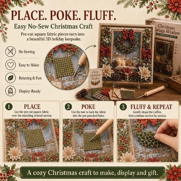Cardinal 3D Fabric Poke Art Kit, 20 x 20cm No Sew DIY Handcraft Set, Pre-Cut Fabric & Punch Tools Included, Xmas Decor & Gift Making Activity