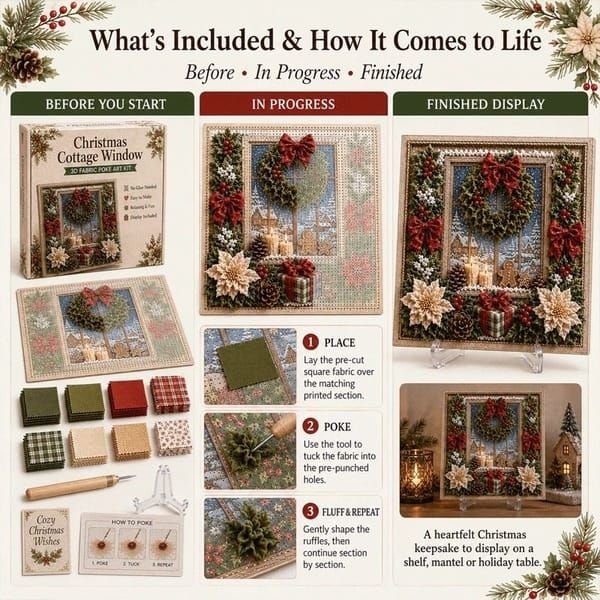 Christmas Tree Gift 3D Fabric Poke Art Kit, 20 x 20cm No Sew DIY Handcraft Set, Pre-Cut Fabric & Punch Tools Included, Xmas Decor & Gift Making Activity