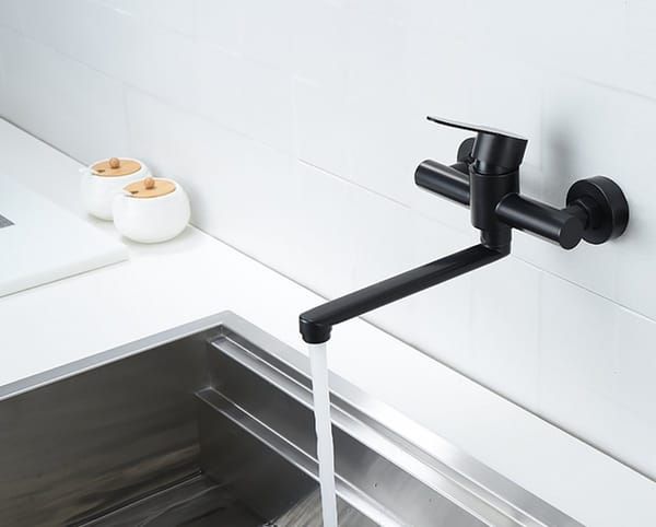 Black Wall Mounted Kitchen & Bathroom Tap, Stainless Steel Single Lever Basin Faucet with Swivel Spout, 26 × 11 CM Wall Mount Water Tap