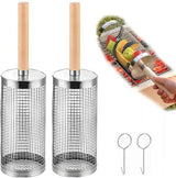 Rolling Grilling Basket 2 Pack, 304 Stainless Steel BBQ Grill Basket with Detachable Wooden Handle for Vegetables & Shrimp, 35 x 9.5 cm