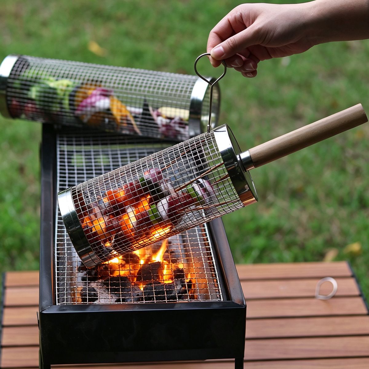 Rolling Grilling Basket 2 Pack, 304 Stainless Steel BBQ Grill Basket with Detachable Wooden Handle for Vegetables & Shrimp, 35 x 9.5 cm