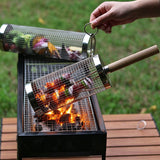 Rolling Grilling Basket 2 Pack, 304 Stainless Steel BBQ Grill Basket with Detachable Wooden Handle for Vegetables & Shrimp, 35 x 9.5 cm