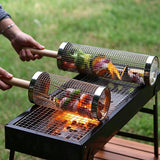 Rolling Grilling Basket 2 Pack, 304 Stainless Steel BBQ Grill Basket with Detachable Wooden Handle for Vegetables & Shrimp, 35 x 9.5 cm