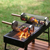 Rolling Grilling Basket 2 Pack, 304 Stainless Steel BBQ Grill Basket with Detachable Wooden Handle for Vegetables & Shrimp, 35 x 9.5 cm