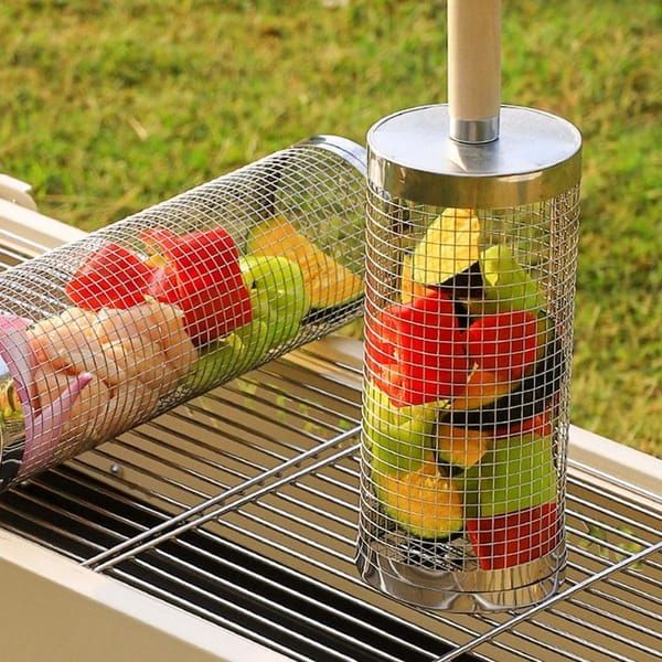 Rolling Grilling Basket 2 Pack, 304 Stainless Steel BBQ Grill Basket with Detachable Wooden Handle for Vegetables & Shrimp, 35 x 9.5 cm