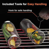 Rolling Grilling Basket 2 Pack, 304 Stainless Steel BBQ Grill Basket with Detachable Wooden Handle for Vegetables & Shrimp, 35 x 9.5 cm