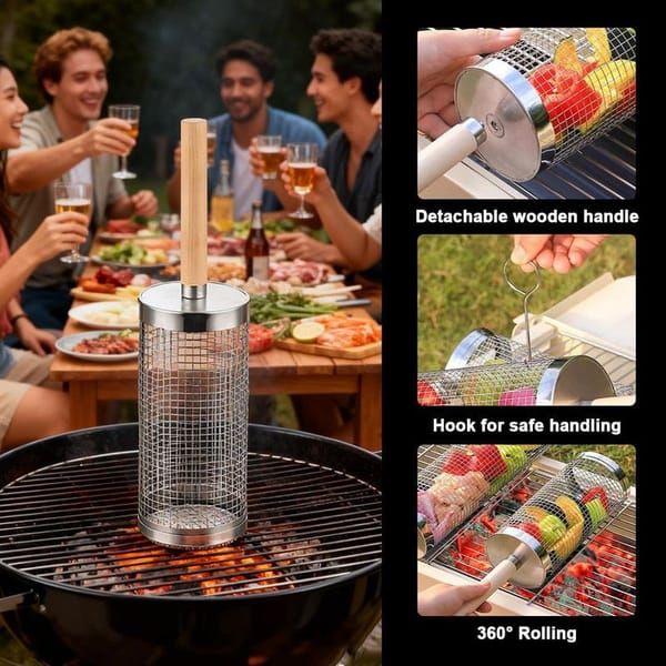 Rolling Grilling Basket 2 Pack, 304 Stainless Steel BBQ Grill Basket with Detachable Wooden Handle for Vegetables & Shrimp, 35 x 9.5 cm