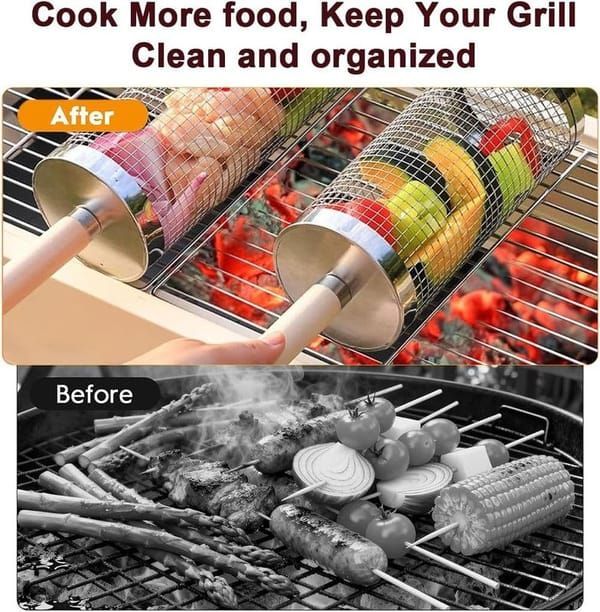 Rolling Grilling Basket 2 Pack, 304 Stainless Steel BBQ Grill Basket with Detachable Wooden Handle for Vegetables & Shrimp, 35 x 9.5 cm