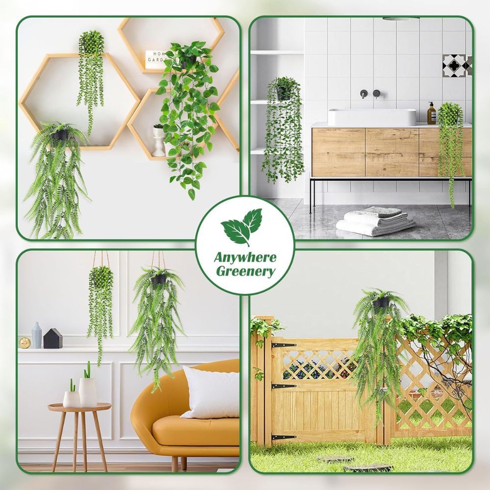 Set of 4 Artificial Hanging Trailing Plants, Fake Eucalyptus, String of Pearls, Boston Fern & Heart Leaf Pothos Vines, Low Maintenance Faux Potted Greenery for Indoor Balcony Wall Home Decor
