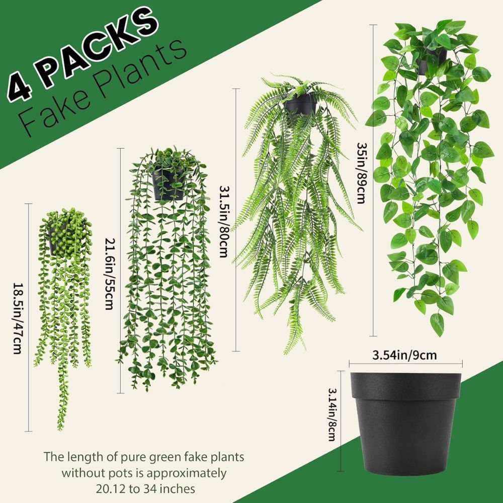 Set of 4 Artificial Hanging Trailing Plants, Fake Eucalyptus, String of Pearls, Boston Fern & Heart Leaf Pothos Vines, Low Maintenance Faux Potted Greenery for Indoor Balcony Wall Home Decor