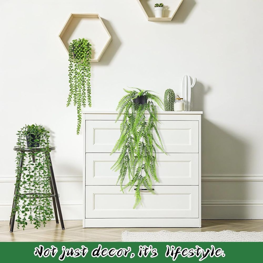 Set of 4 Artificial Hanging Trailing Plants, Fake Eucalyptus, String of Pearls, Boston Fern & Heart Leaf Pothos Vines, Low Maintenance Faux Potted Greenery for Indoor Balcony Wall Home Decor