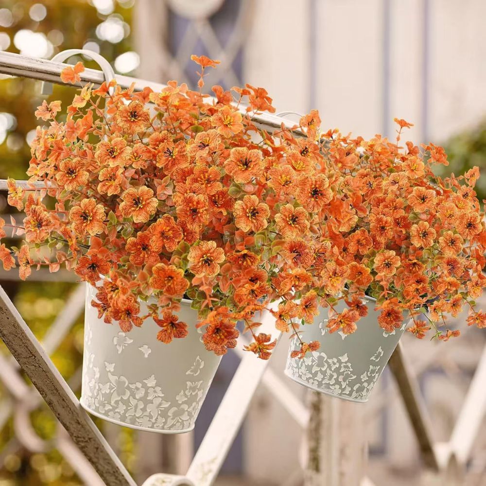 6PCS Realistic Artificial Autumn Floral Picks, Faux Orange Daisy & Eucalyptus Stems, Farmhouse Fall Harvest Table Centrepiece Decor
