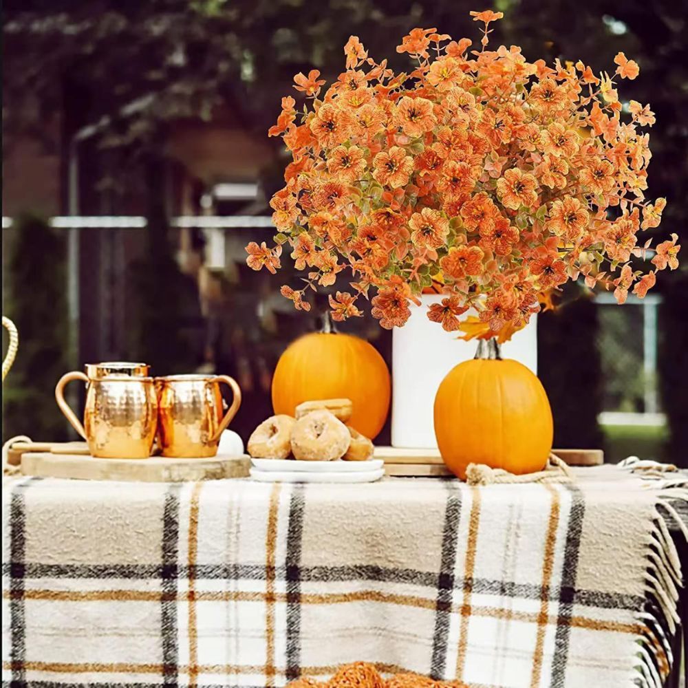 6PCS Realistic Artificial Autumn Floral Picks, Faux Orange Daisy & Eucalyptus Stems, Farmhouse Fall Harvest Table Centrepiece Decor