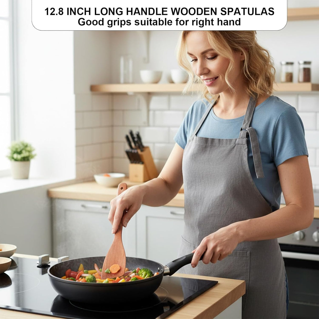 2 Pcs Wooden Spatula for Cooking, 12.2 Inch Long Handle Wood Flat Frying Cooking Spatulas, Wooden Kitchen Spatula Scraper Utensils, Right Hand Woods Turner for Nonstick Pans Cook Frying Baking