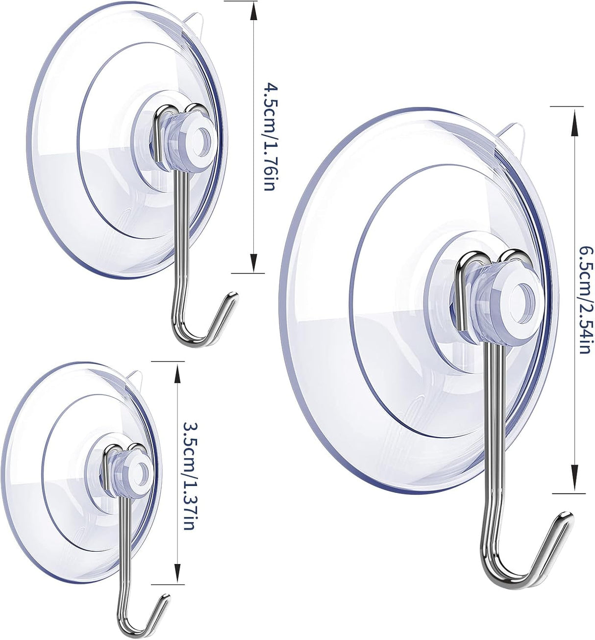 Suction Cup Hooks,6 PCS Clear Suction Cup for Glass Window Decor Shower Bathroom Glass Window Shower Kitchen, Reusable PVC Cups with Removable Stainless Hooks, Assorted (6)