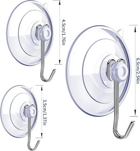 Suction Cup Hooks,6 PCS Clear Suction Cup for Glass Window Decor Shower Bathroom Glass Window Shower Kitchen, Reusable PVC Cups with Removable Stainless Hooks, Assorted (6)