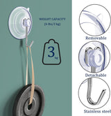Suction Cup Hooks,6 PCS Clear Suction Cup for Glass Window Decor Shower Bathroom Glass Window Shower Kitchen, Reusable PVC Cups with Removable Stainless Hooks, Assorted (6)