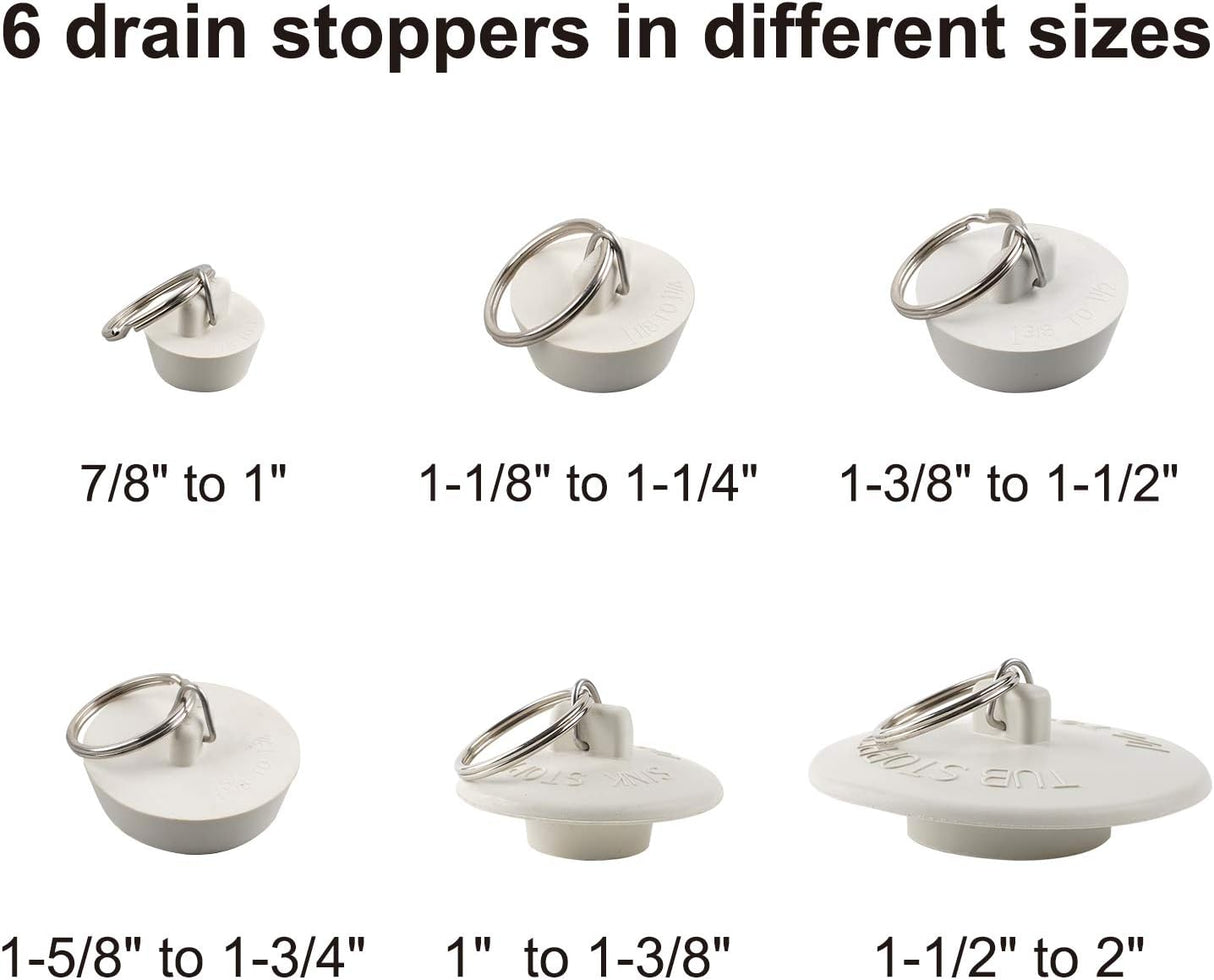 6 Pieces Drain Stopper, Rubber Kitchen Sink Drain, Sink Stopper Drain Plug with Pull Ring for Kitchen, Bathtub, Bathroom and Laundry Sink in 6 Different Sizes, White