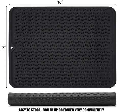 Silice Dish Drying Mat, N-Slip Easy Clean Sink Mat Large Heat-resistant Dish Drainer Mat for Kitchen Counter, Sink, Refrigerator or Drawer liner (16" x 12", BLACK)