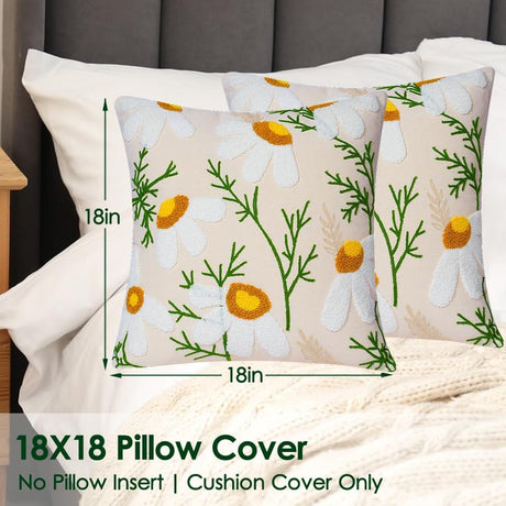 Embroidered Throw Pillow Covers, Soft Pillow Cases Couch Pillow Covers with Zipper, Decorative Cushi Covers for Sofa Living Room Couch Bed,18x18 inch (Daisy)