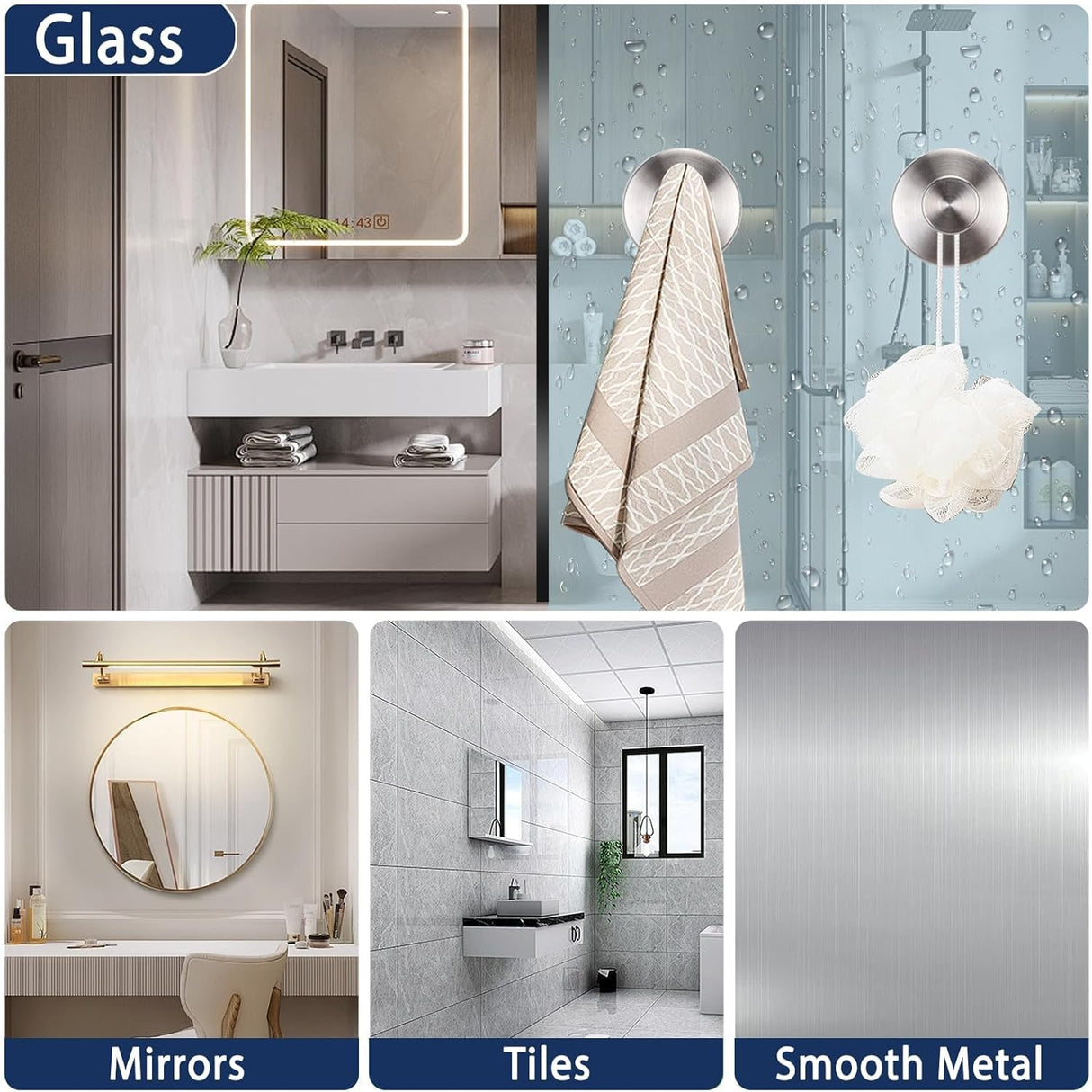 Silver Sucti Cup Hooks for Shower Waterproof - No Drill Stainless Steel Towel Hooks for Bathroom Wall, Kitchen, Glass, Mirror, Tile - Ideal for Hanging Towels, Robes, and Loofahs(4 pcs)