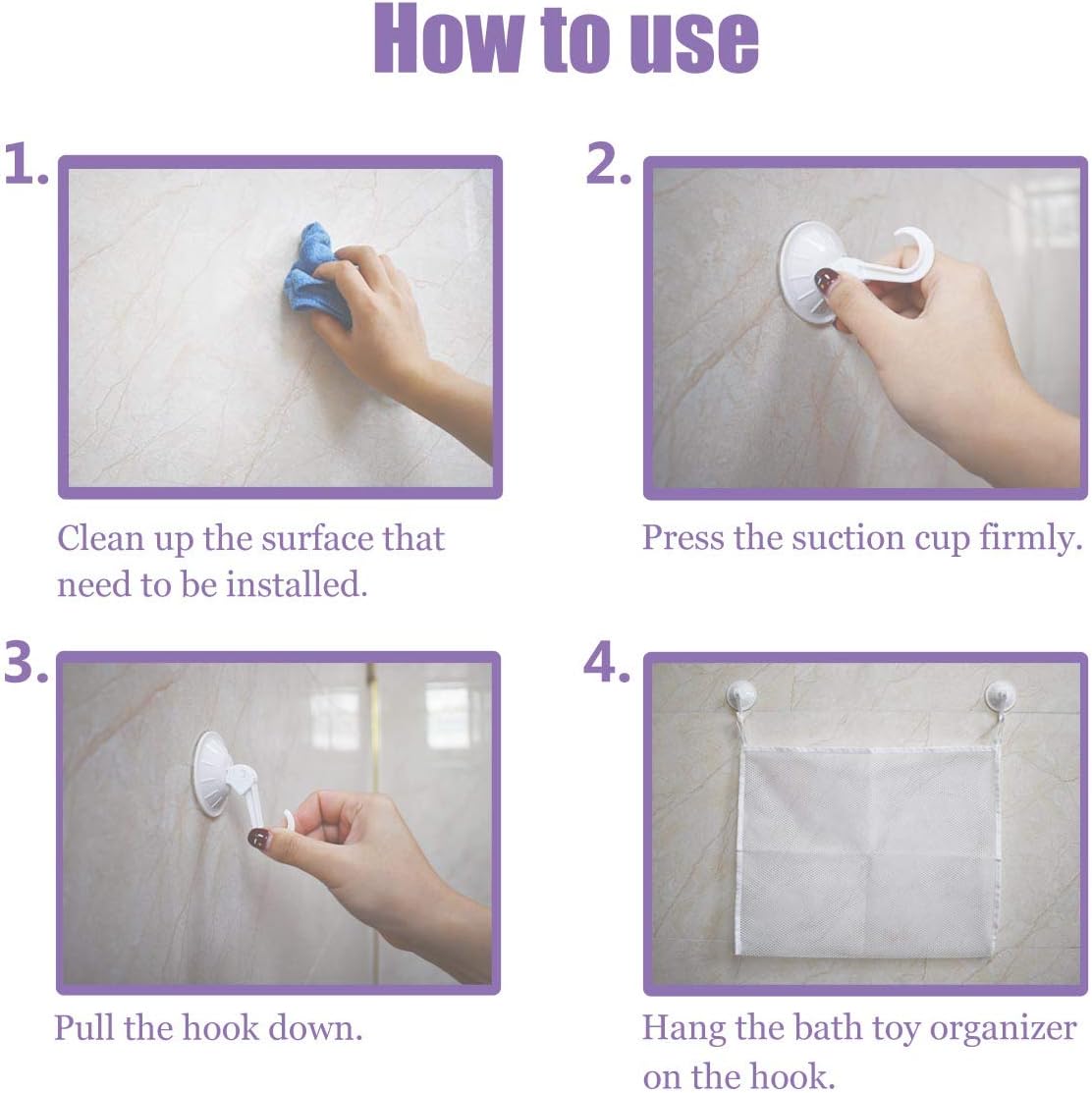 Petluno Bath Toy Organizer Mesh Storage Baby Shower Toys Bathtub Net Bag Kids Quick Dry Holder 2 X Bathroom & 6 Strong Suction Hooks (White)