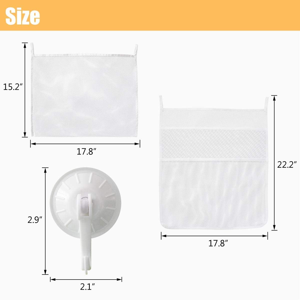 Petluno Bath Toy Organizer Mesh Storage Baby Shower Toys Bathtub Net Bag Kids Quick Dry Holder 2 X Bathroom & 6 Strong Suction Hooks (White)