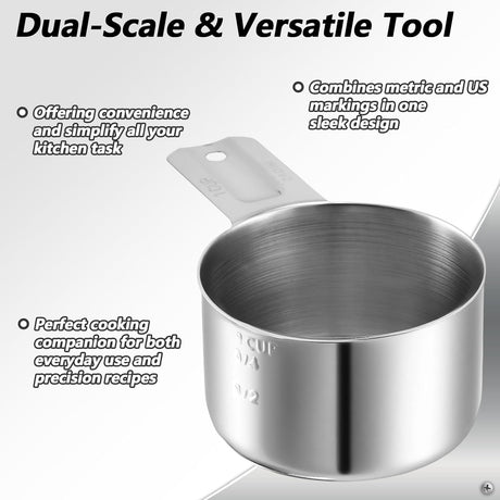 Xindojuz 1 Cup Single Stainless Steel Measuring Cup, Etched Inner Scale Metal Measure Scoop for Cooking Baking, Laundry Detergent, Wet and Dry Ingredients, Dishwasher Safe (240 ml, 8 oz)