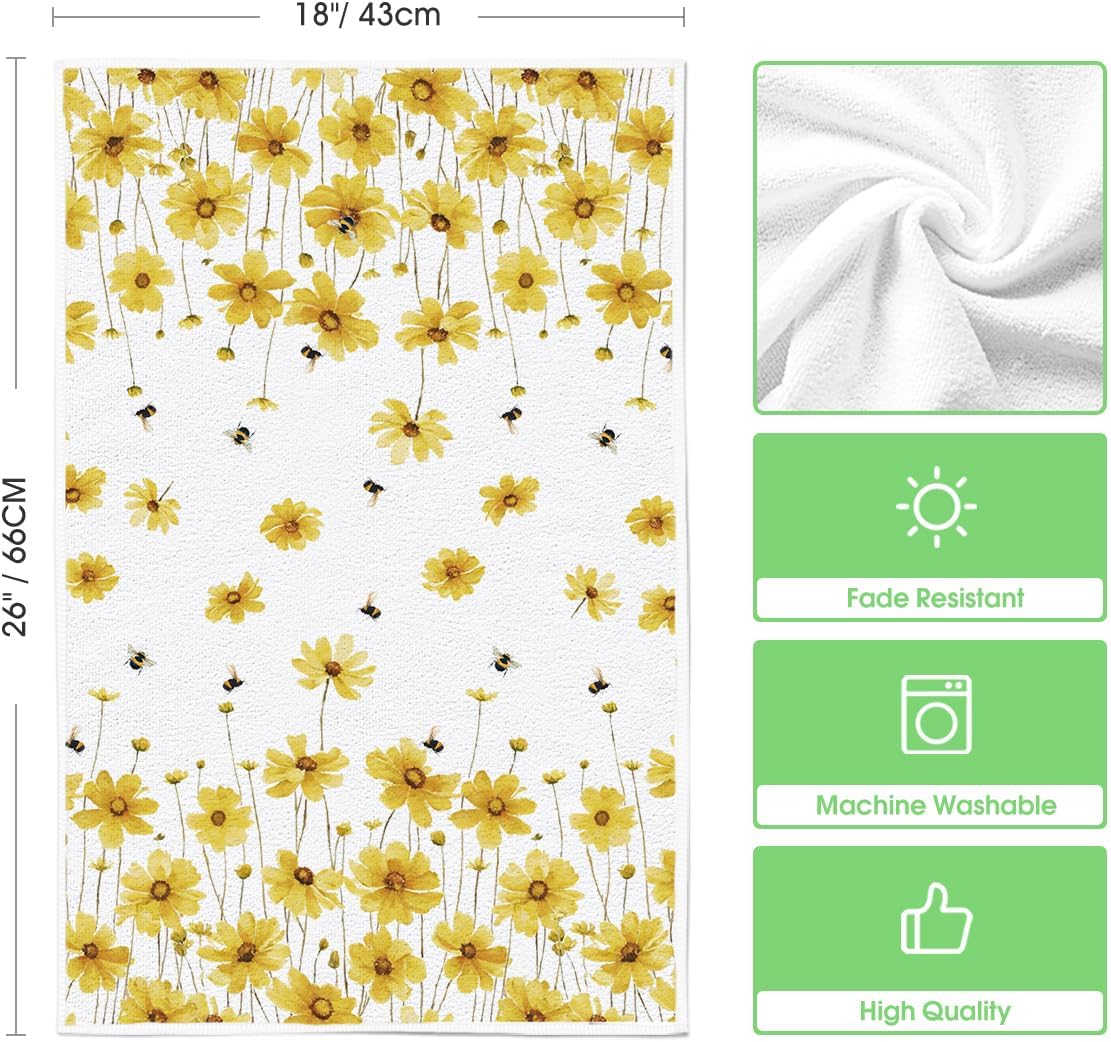 Yellow Flowers Bee Hello Sunshine Spring Kitchen Towels Dish Towels, 18x26 Inch Summer Holiday Decoration Hand Towels Set of 2