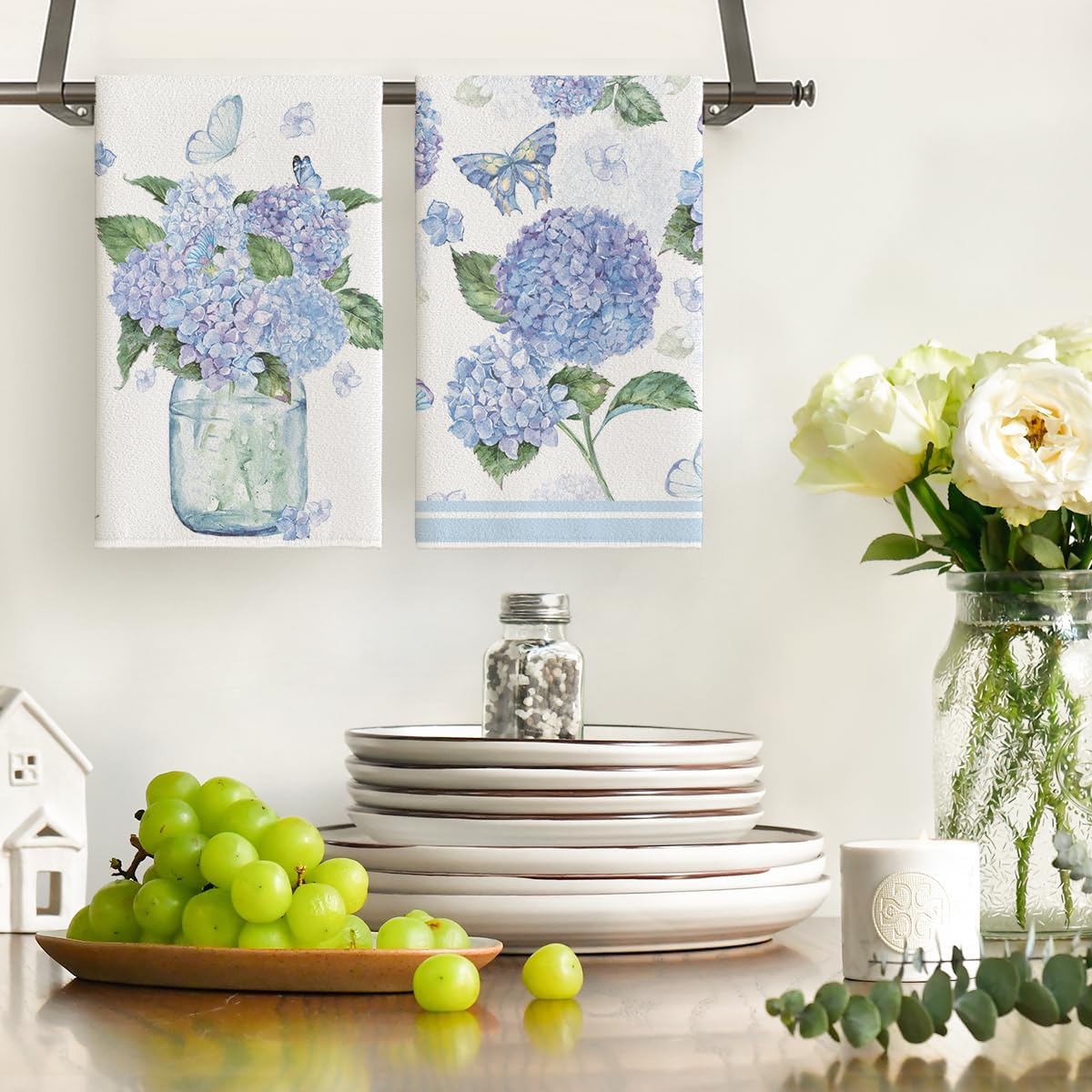 Hydrangea Vase Butterfly Spring Kitchen Towels Dish Towels, 18x26 Inch Summer Flowers Holiday Decoration Hand Towels Set of 2