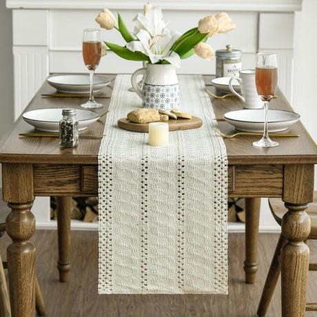 Beige Farmhouse Woven Rustic Hollow Table Runner, Seasonal Holiday Hollow Kitchen Dining Table Decoration for Home Party Decor 12x72 Inch